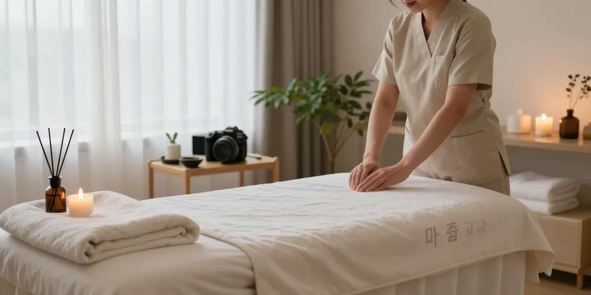 Experience relaxation with 파주출장마사지 in a serene spa setting, therapist preparing for session with ambient lighting and essential oils.