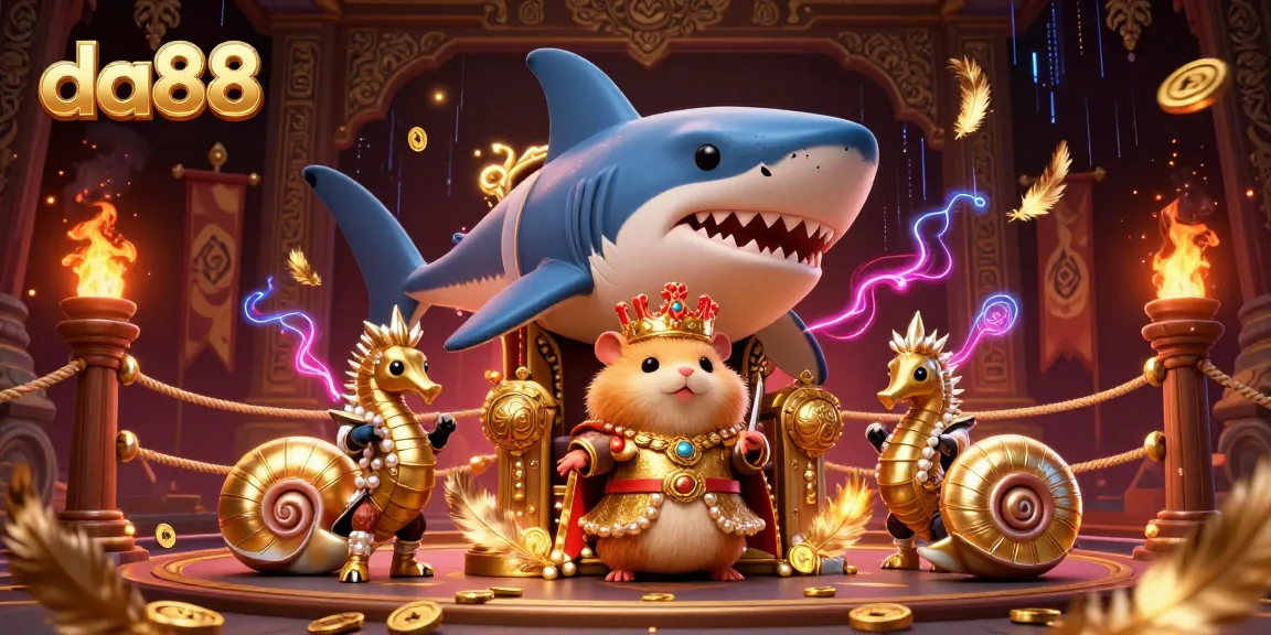 Experience the excitement of da88 in a vibrant casino scene with a golden hamster king and his royal entourage.