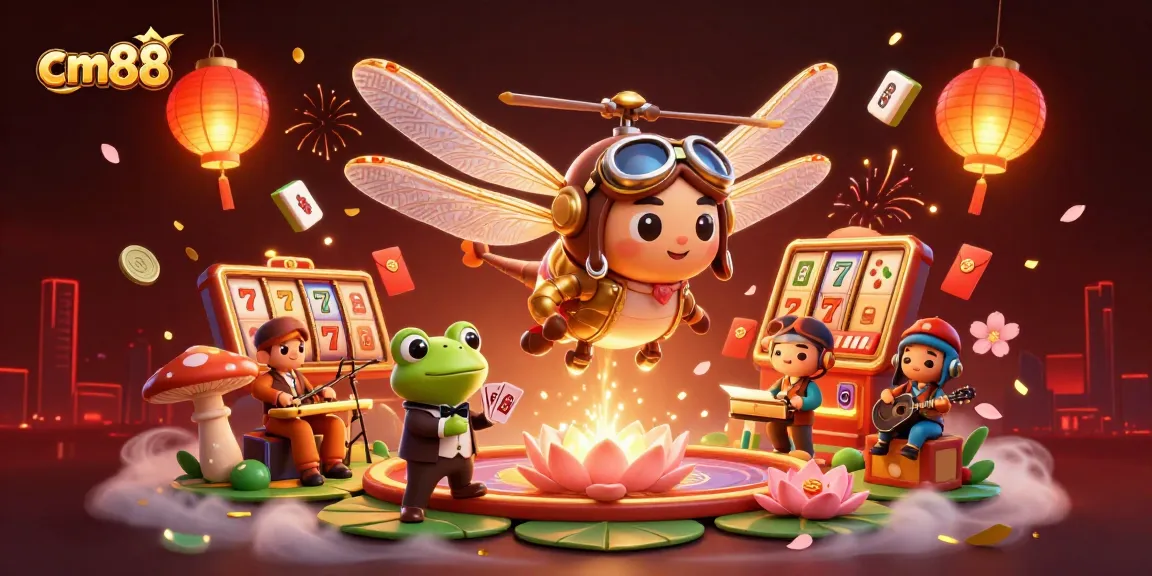 Engage with the cm88 experience featuring vibrant slot elements, a dragonfly pilot, and a frog dealer in a captivating casino scene.