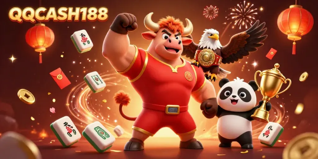 Engage in thrilling gameplay with QQCASH188 as festive 3D characters celebrate wins.