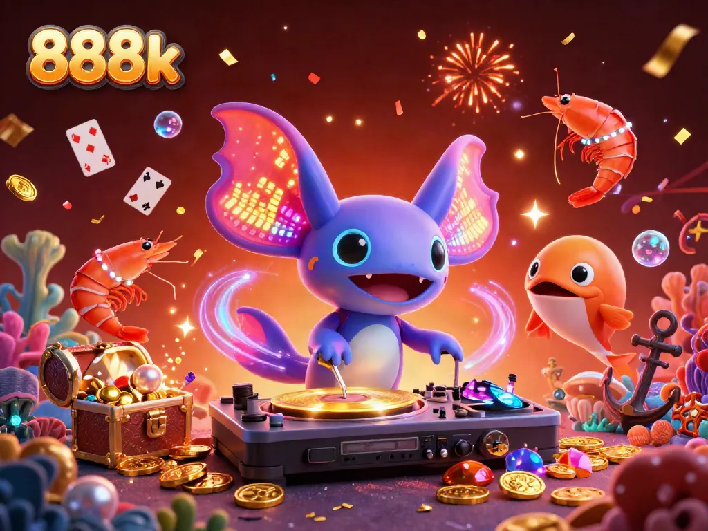 Experience vibrant entertainment at 888k with a neon axolotl DJ amidst immersive underwater gaming elements.