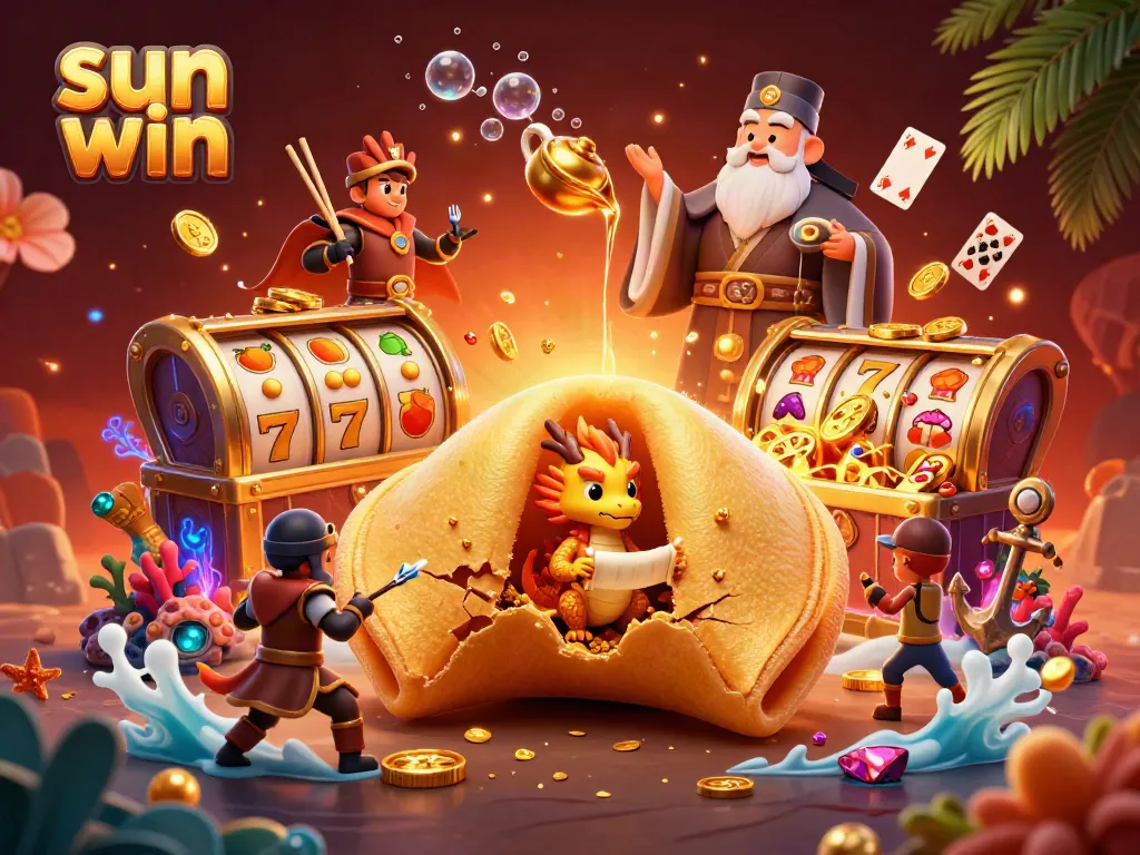 Win big with sun win in this dynamic 3D illustration packed with slot reels and golden treasures.