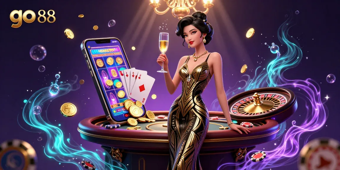 Engage in the luxurious world of go 88 with an elegant Asian woman celebrating at a casino table.