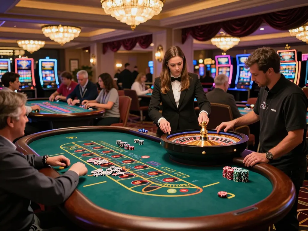 Experience 77WIN excitement at roulette tables with players engaged in intense betting.