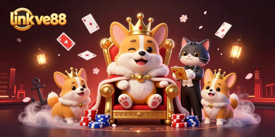 Engage with link ve88 alongside a royal corgi on a poker chip throne in a lively casino scene.