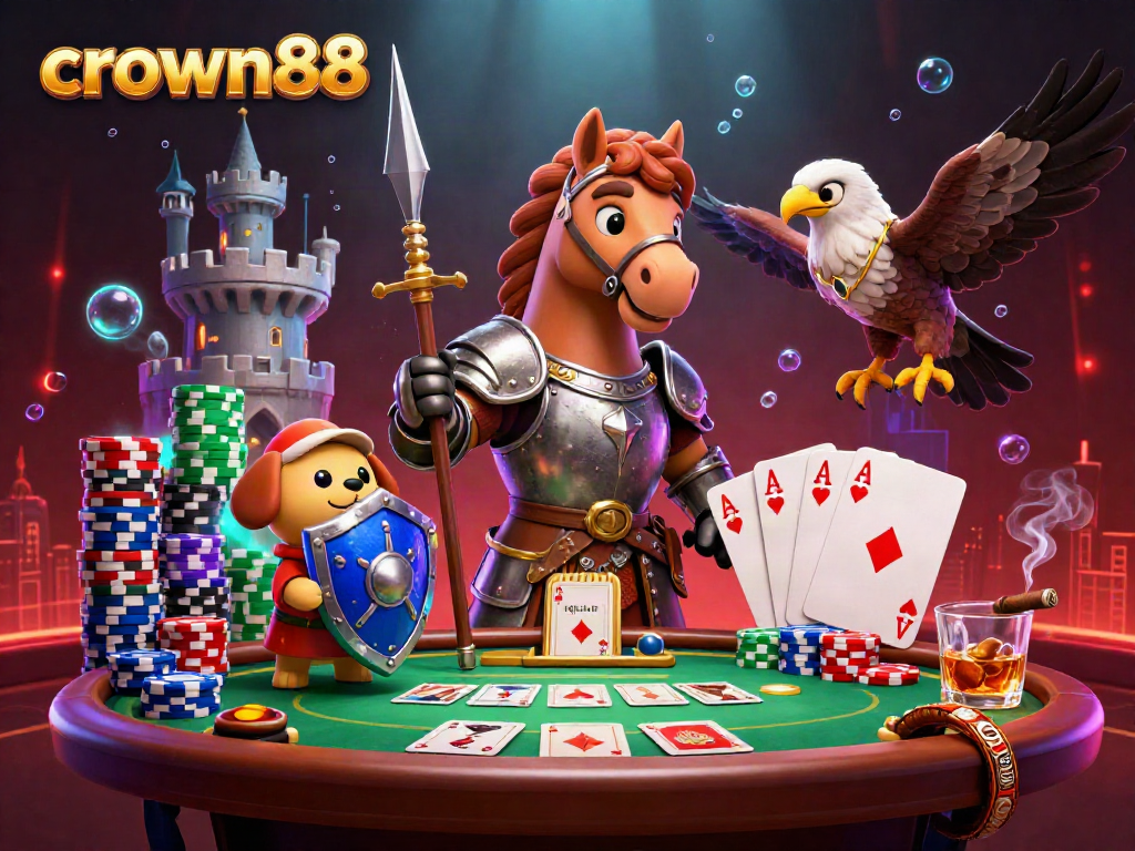 Crown88 showcases gamers winning at poker with knights in an exciting online casino atmosphere.