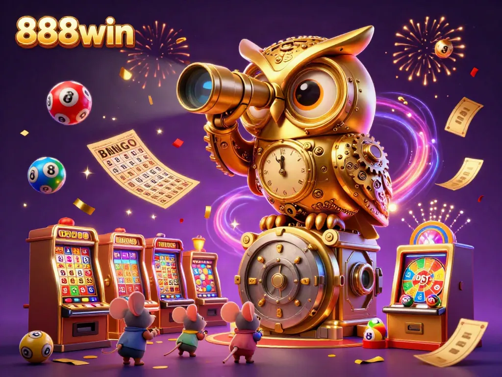 Experience the thrill of 888win with a vibrant scene of gaming excitement, featuring dynamic lottery elements.
