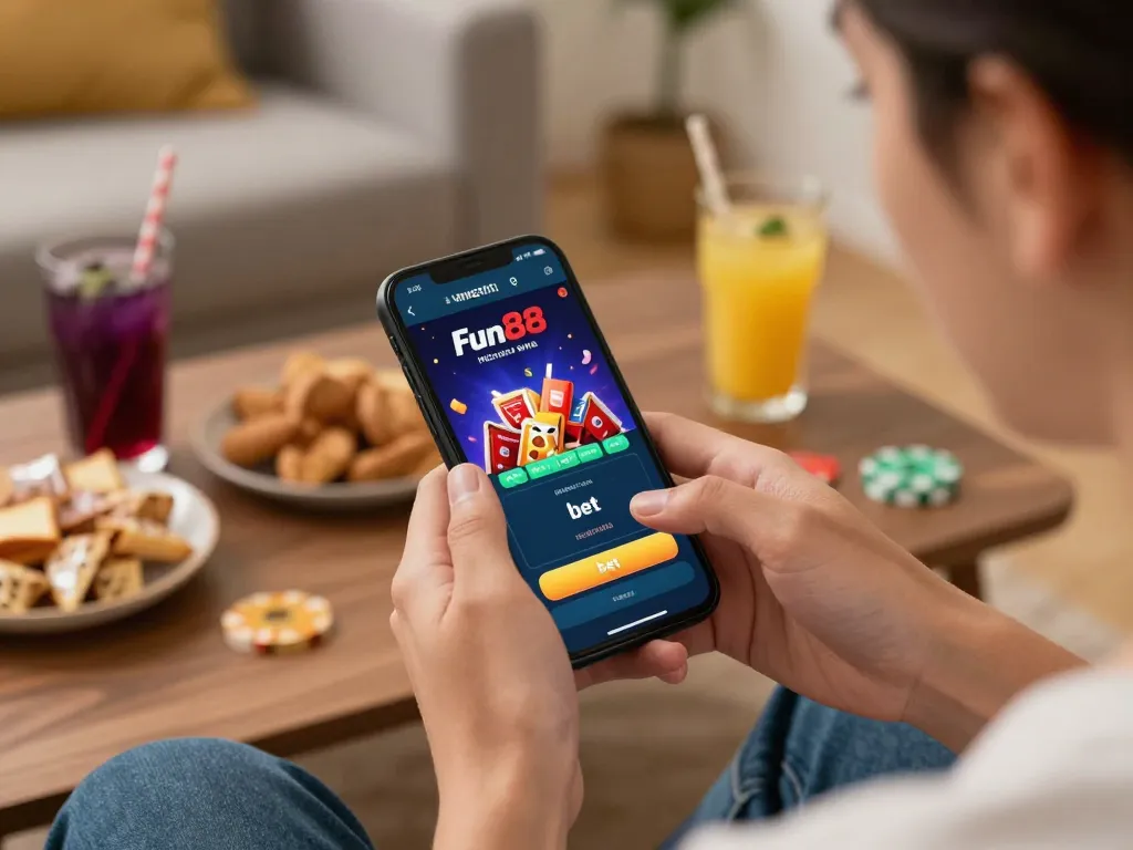 Placing bets on Fun88 mobile app while enjoying a cozy home atmosphere.