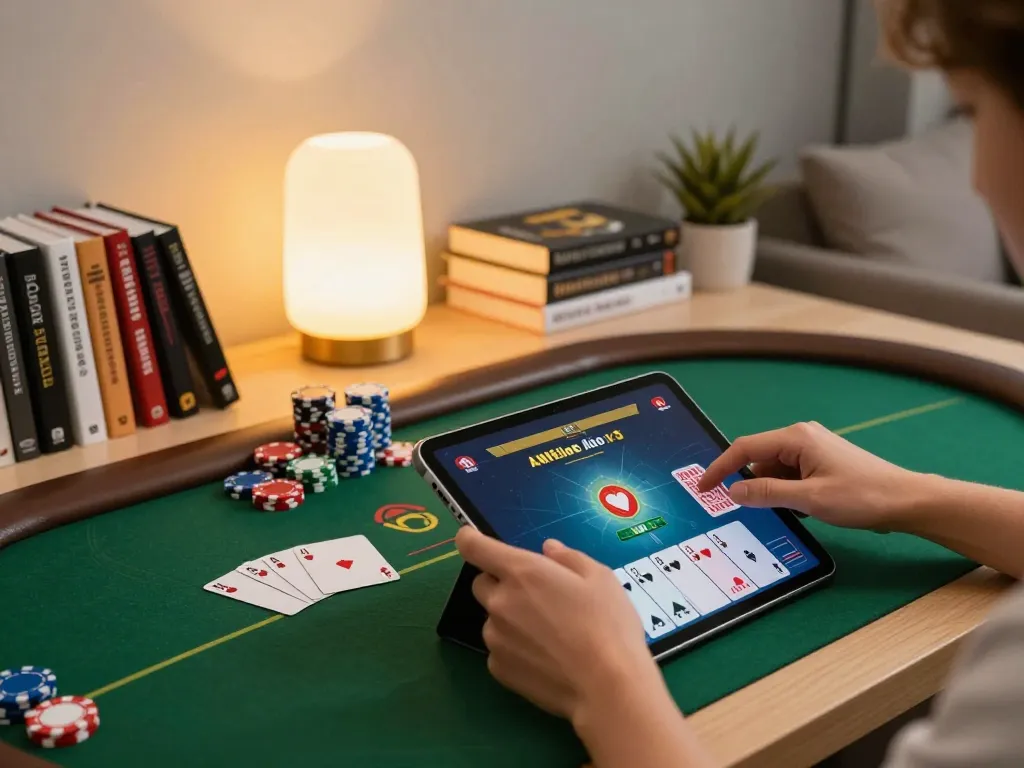 WALA88 user engaging with online poker setup, highlighting strategy focus and vibrant atmosphere