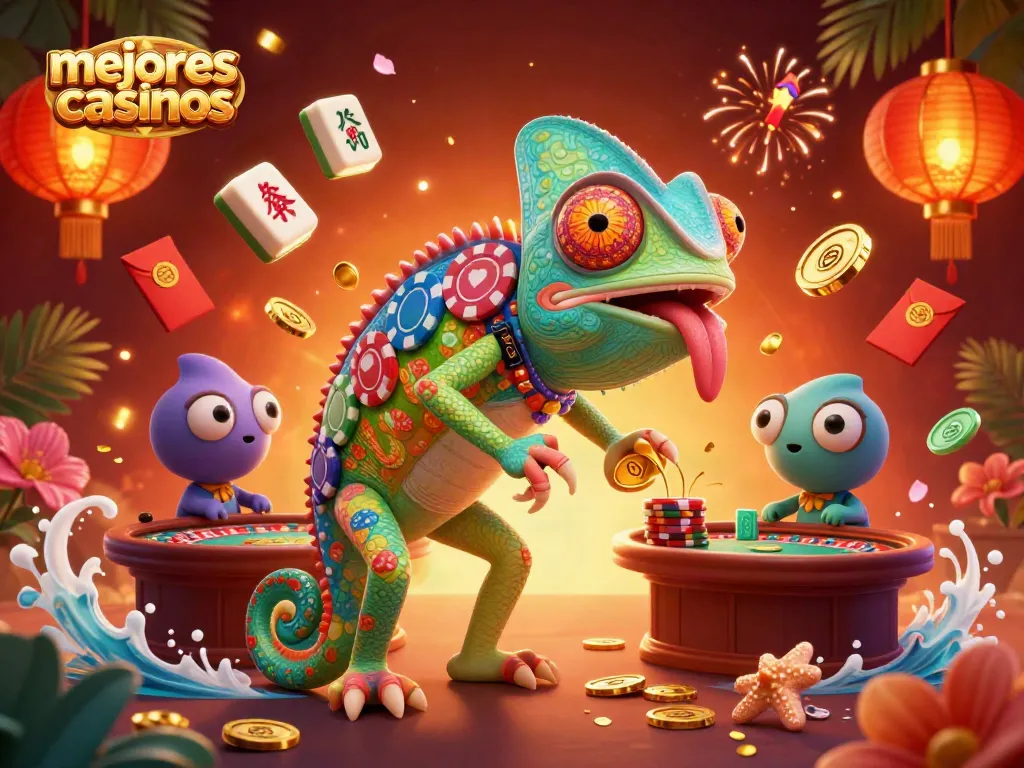 Encuentra mejores casinos para jugar, con un propietario camaleón y símbolos de juegos brillantes.