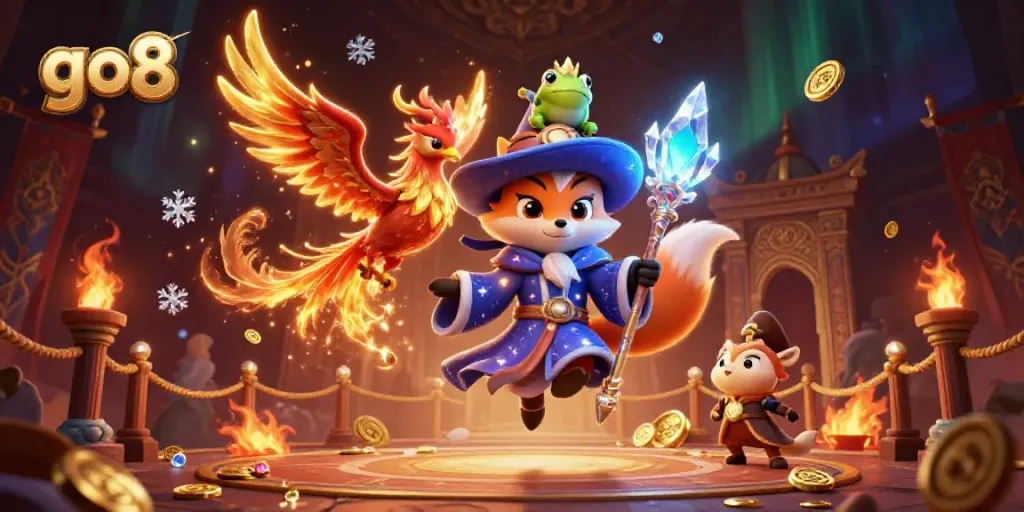 Experience dynamic gaming action with go8 in a magical casino adventure scene featuring a wizard, phoenix, and treasures.