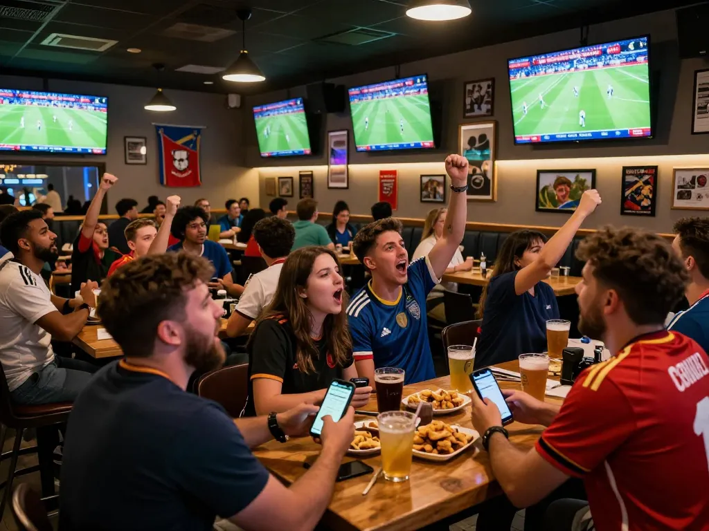 Fans enjoying the World Cup 2026 at a sports bar, cheering and placing bets, vibrant atmosphere.