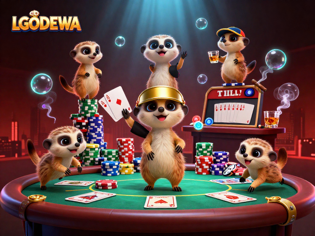 Experience the excitement of LGODEWA with meerkats animatedly running a lively casino scene.