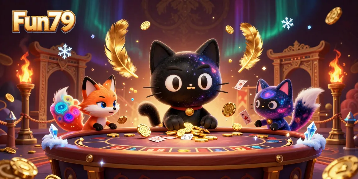 Fun79's cosmic casino scene highlights a black hole cat and nebula fox with dynamic gaming elements.