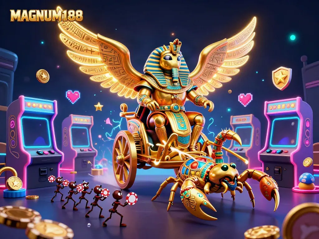 Experience MAGNUM188 with a dynamic gambling world including vibrant game machines, shining characters, and captivating animations.