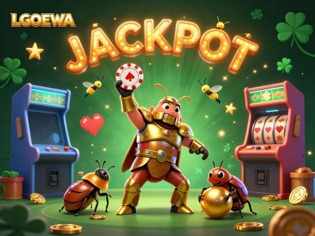 Engaging illustration with LGODEWA featuring a cartoon hercules beetle celebrating a win surrounded by gaming elements.