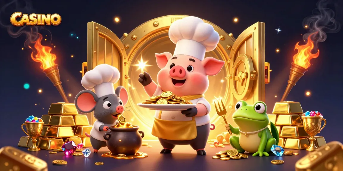 Engaging CASINO scene featuring a cartoon chef pig serving gold coins, with vibrant gems and treasures.