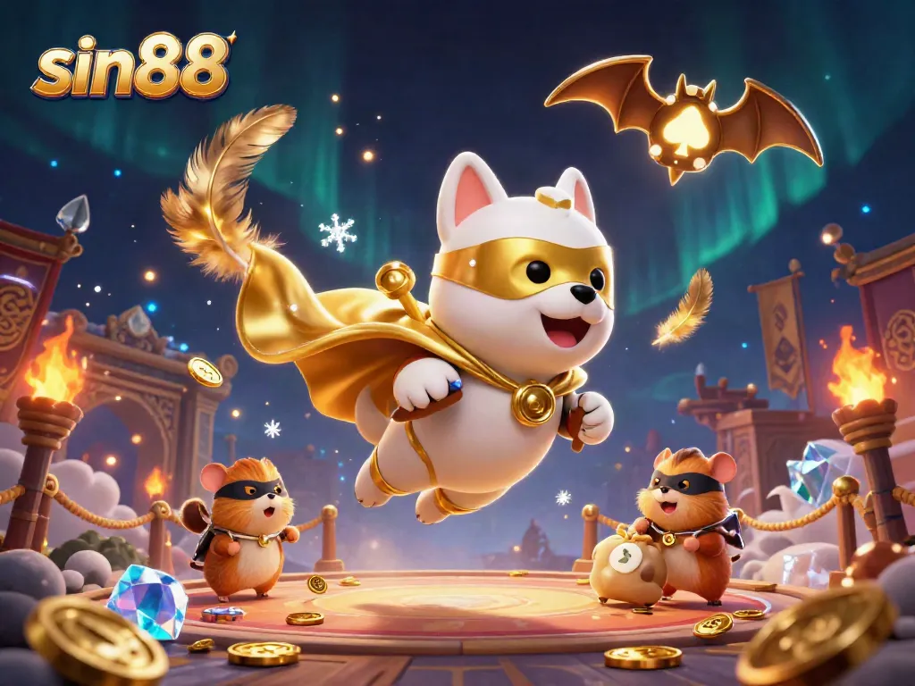 Join sin88's superhero dog in a colorful casino adventure filled with gold coins and excitement.