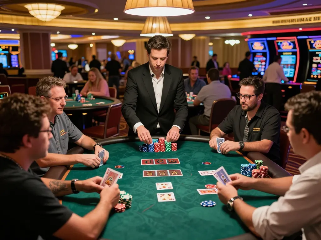 Players engaging in an intense blackjack game at a Las Vegas casino, showcasing strategic moves with j88 betting options.
