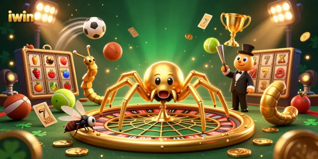 Bet on big wins with iwin in a dynamic slot-themed casino illustration packed with golden elements.