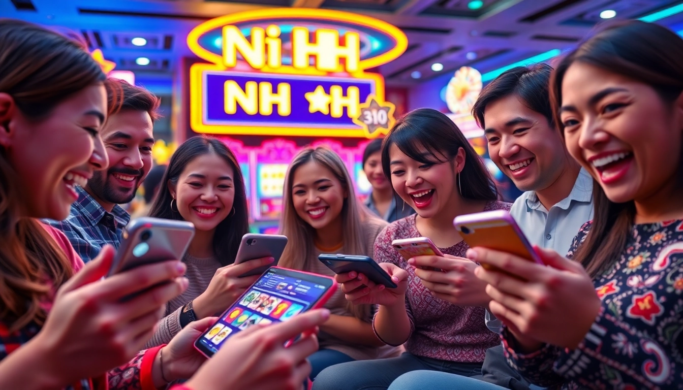 Nổ Hũ gaming highlights with enthusiastic players enjoying modern online slots.