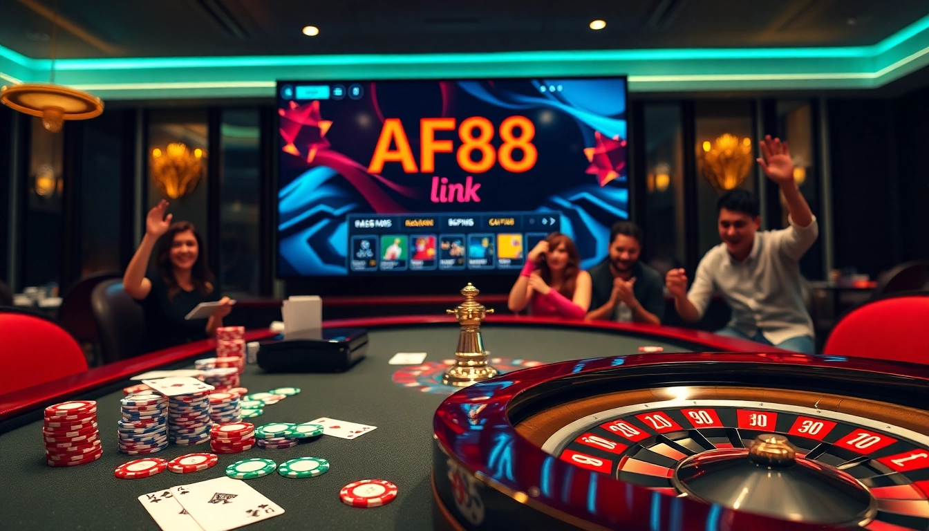Engaging players enjoying their time at AF88 link in a vibrant casino setting with poker chips and cards.