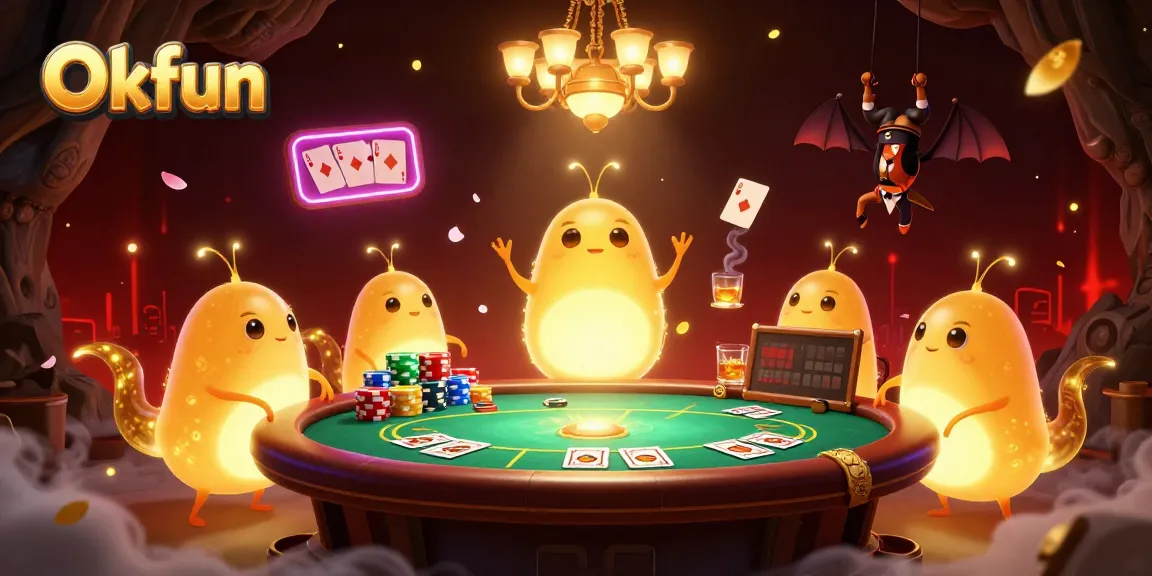 Engage with the Okfun casino world, illuminated by glowing glowworms and vibrant poker elements.