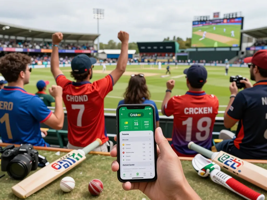 Cricket betting app download on mobile devices in a vibrant sports betting atmosphere with fans celebrating.
