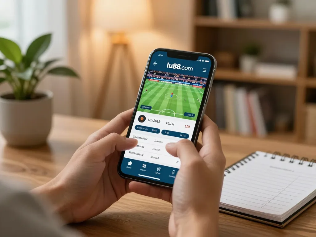 Engaging smartphone view of lu88.com betting app in a cozy home setting.