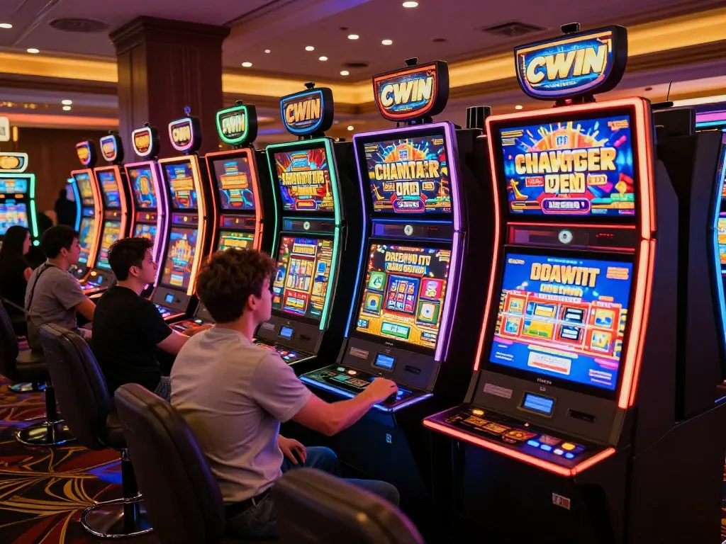 Cwin players enjoying dynamic slot machine action in a vibrant casino setting with colorful neon lights.