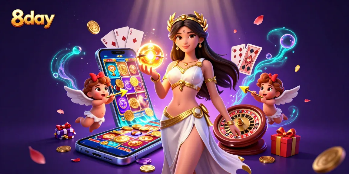 Spin to win at 8day with dynamic casino games, golden coins, and a goddess character