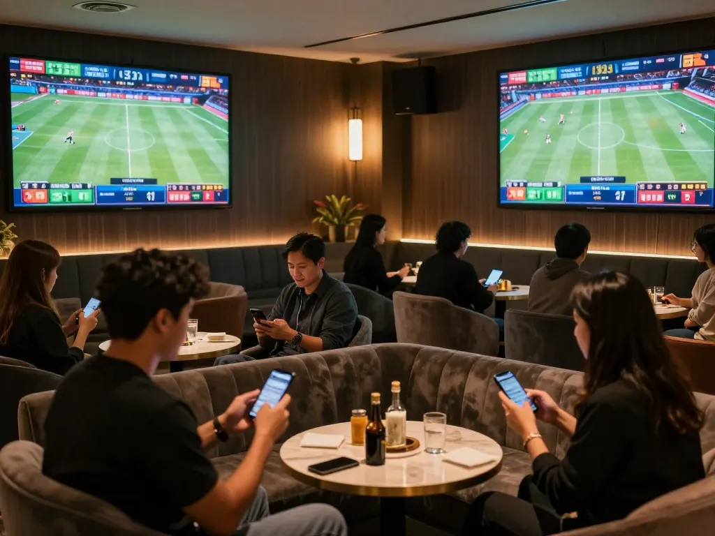 Strategic live sports betting at 789f10 with excited patrons using smartphones