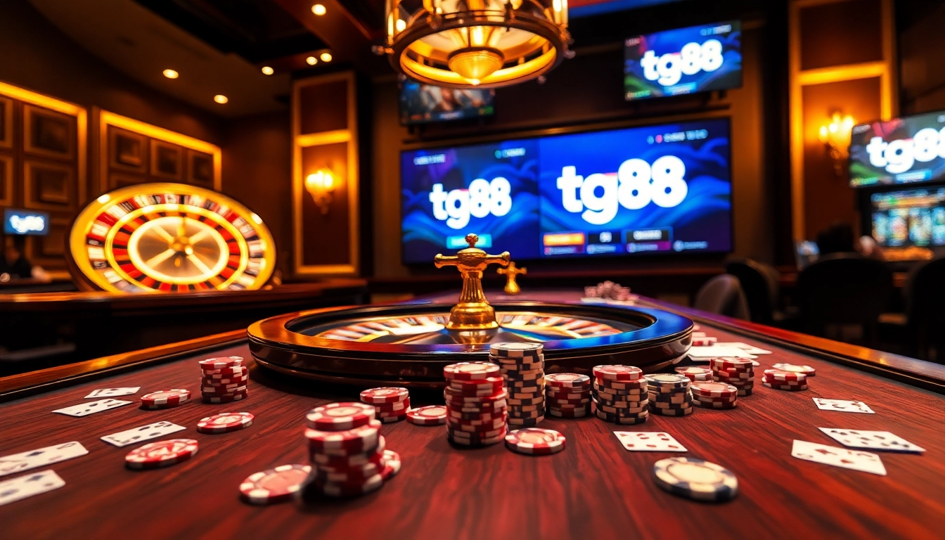 Experience the thrill of tg88 at a luxurious casino table with poker chips and a roulette wheel.