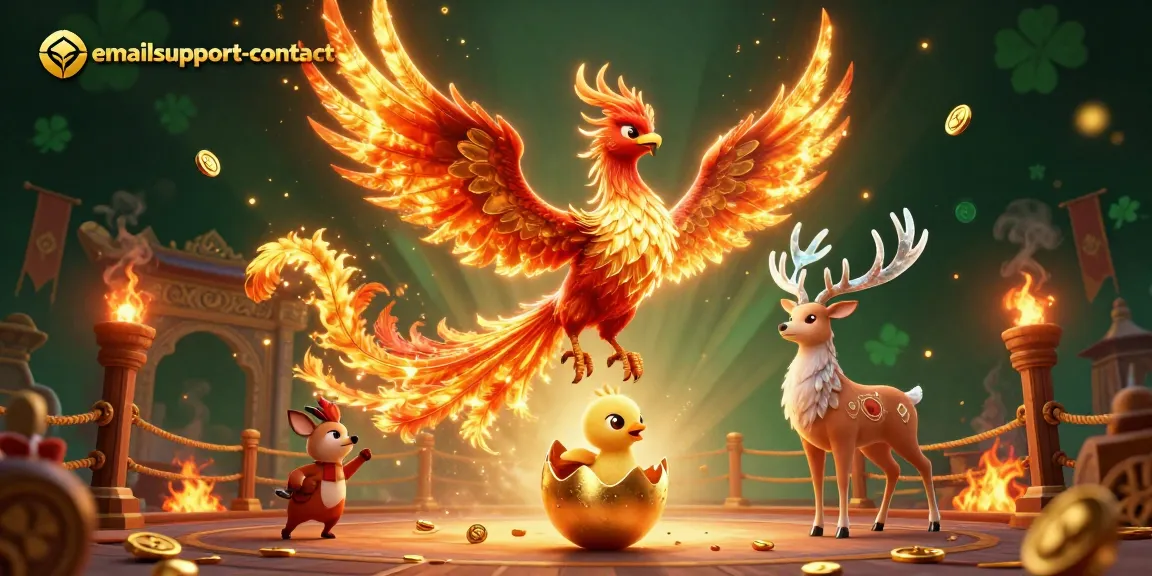 Win big with emailsupport-contact in a vibrant 3D casino scene featuring a phoenix and a mystical stag.