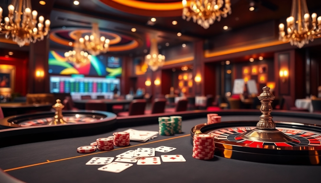 Engage in thrilling gameplay at https://f168.vision/ with a vibrant roulette wheel and poker scene.