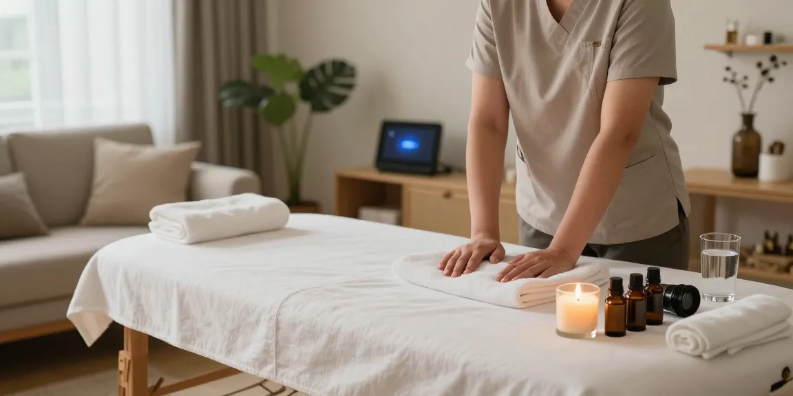 출장마사지 service preparation in a serene home spa setting with soft lighting and essential oils.