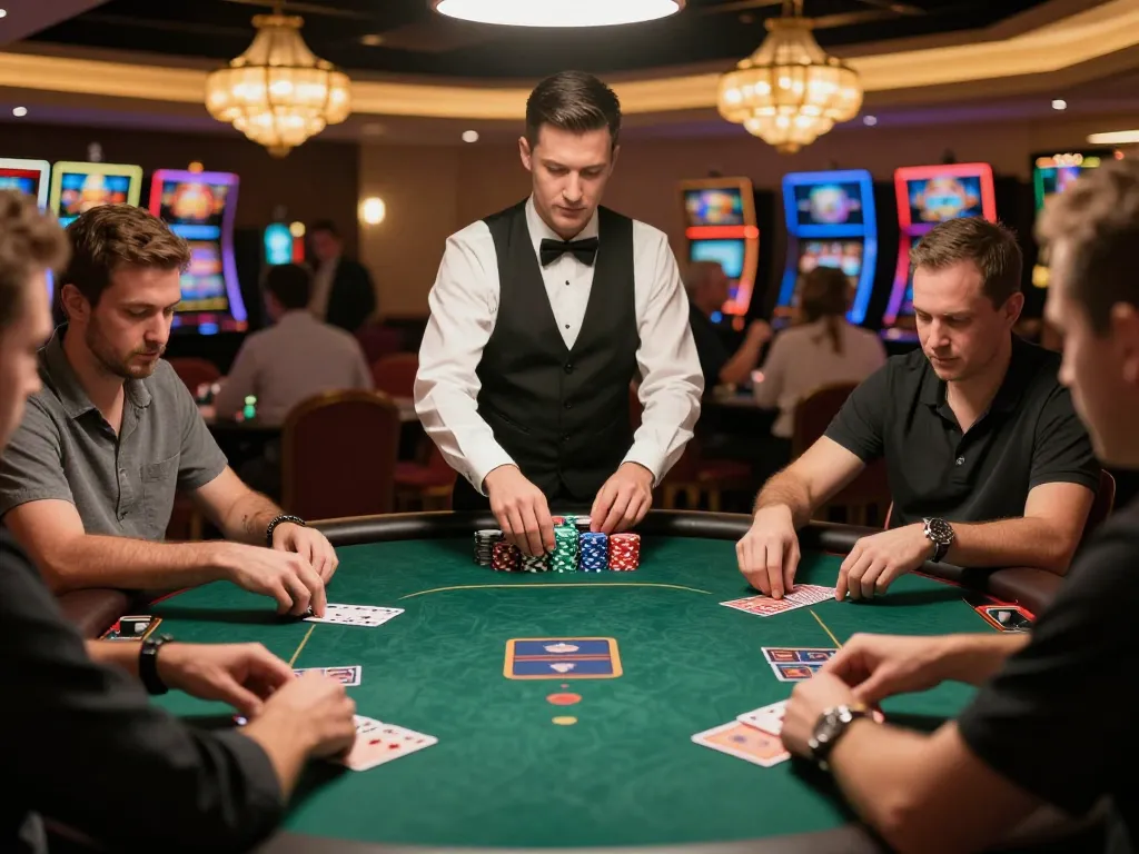 Watch players strategize at a high-stakes poker game with du88 motorcraft-themed chips and vibrant casino ambiance.