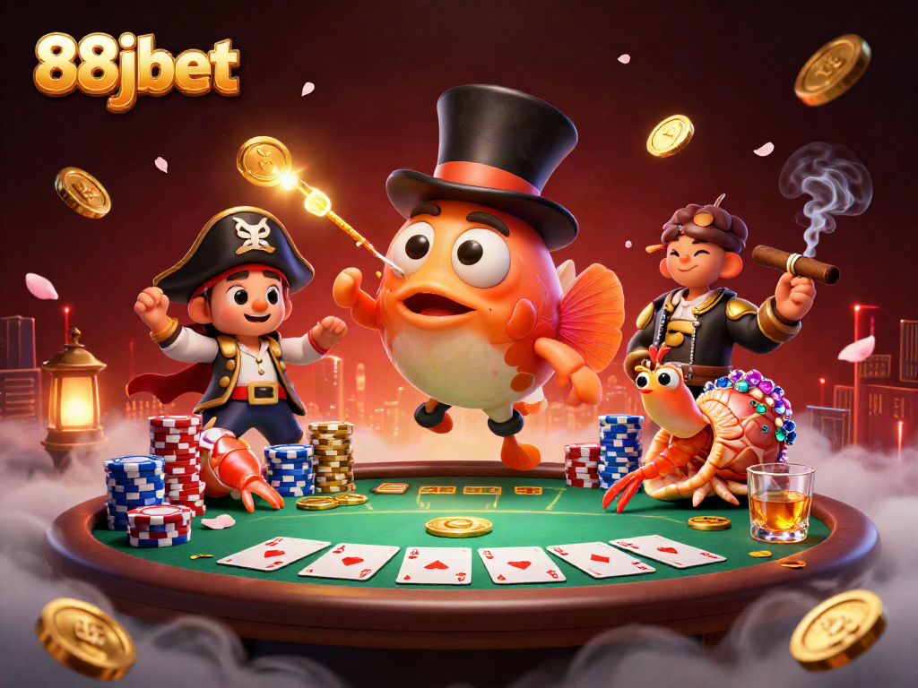 88jbet showcases a vibrant illustration of a deep-sea anglerfish and friends at a gambling table, rich in detail.