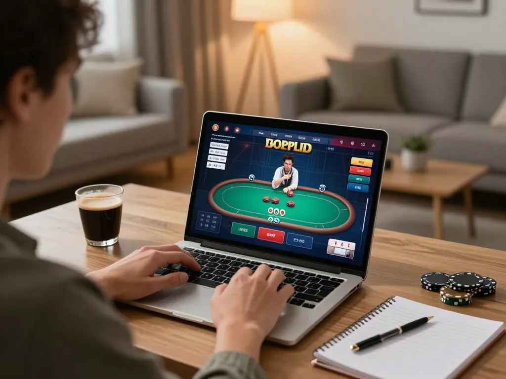 Engaged user playing poker on 33winn online casino platform from their cozy home