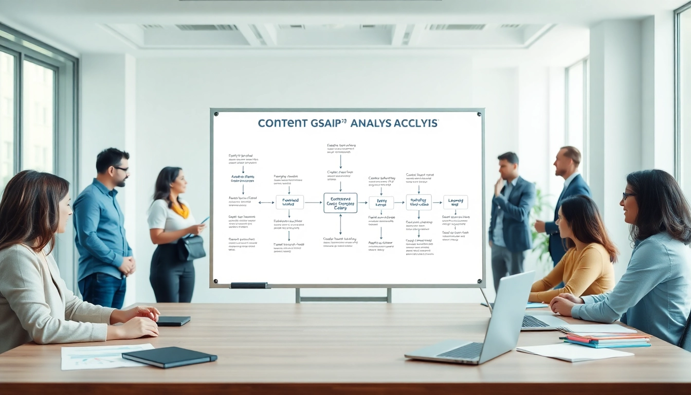 An illustrative infographic for a Content Gap Analysis process featuring team collaboration.