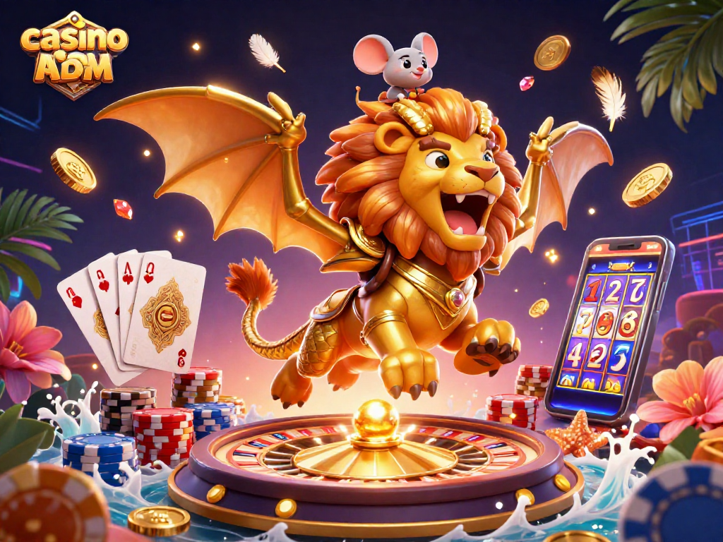 Gioca ai casinò non ADM con questa vivace illustrazione 3D di un chimera e simboli di gioco.