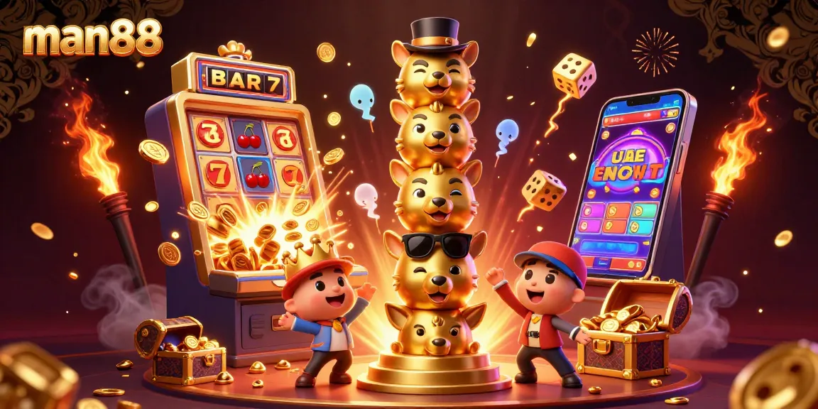 Engage with man88's vibrant slot machine and golden totem in this exciting casino scene.