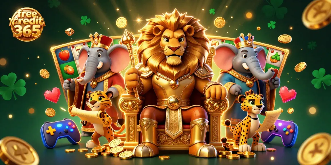 Play exciting games at free credit 365 with a powerful lion king and dynamic slots illustration.