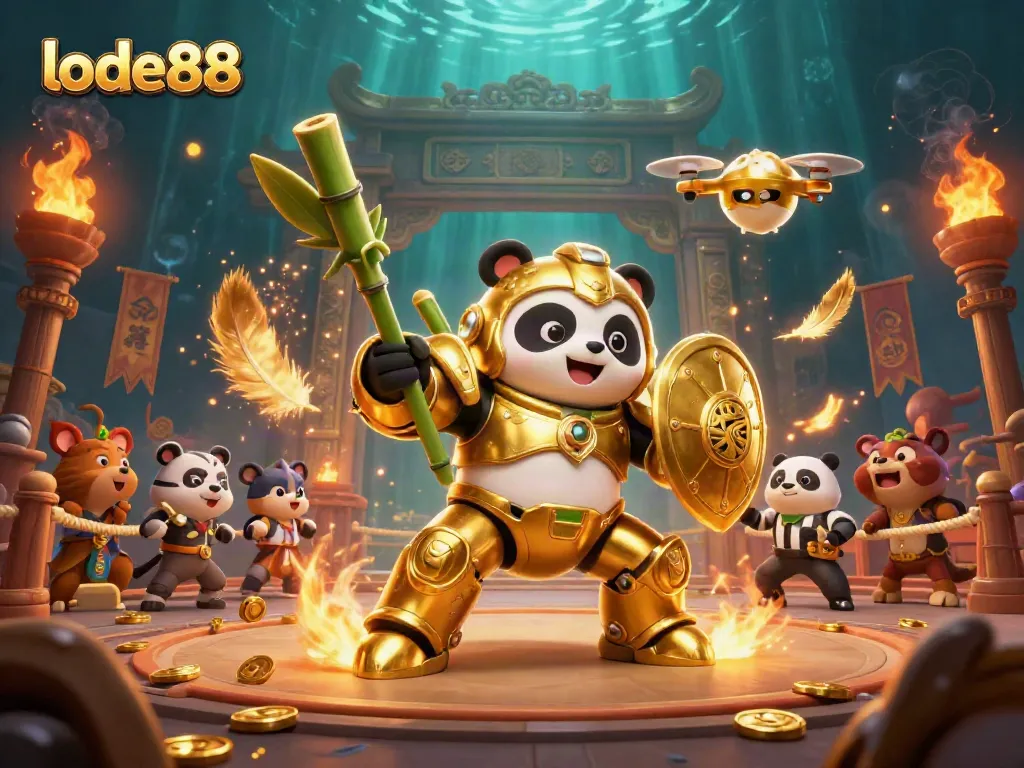 Experience the thrill of lode88 with a dynamic 3D illustration of a golden panda in a battle arena.