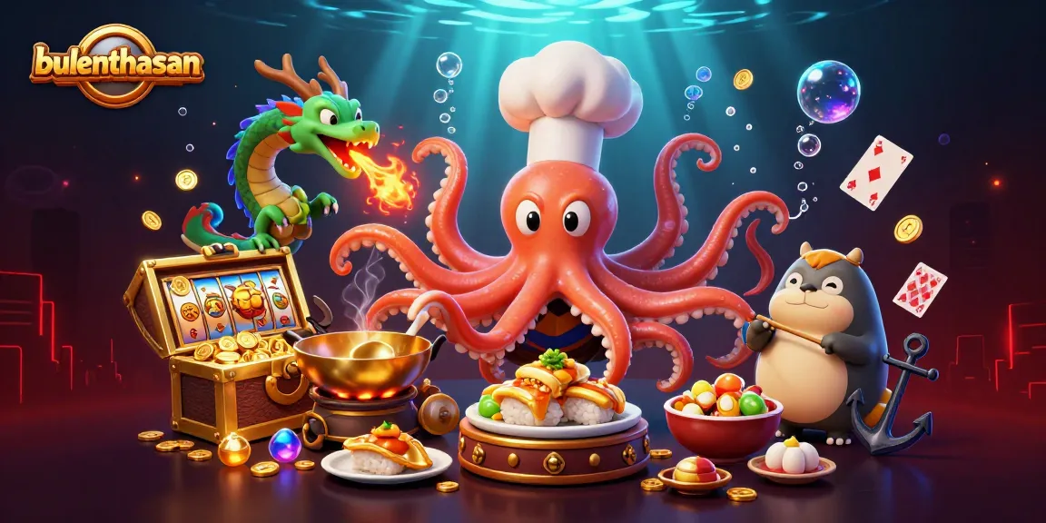 Bulenthasan showcases a dynamic casino scene with an octopus chef preparing meals surrounded by floating playing cards and vibrant treasures.