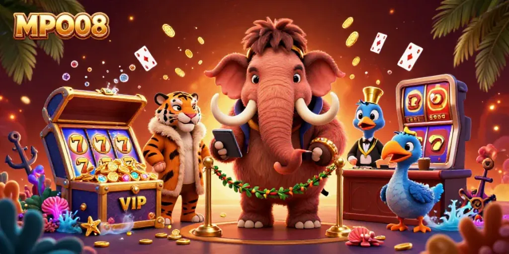 MPO08 welcomes players with vibrant slot reels in a lively casino scene