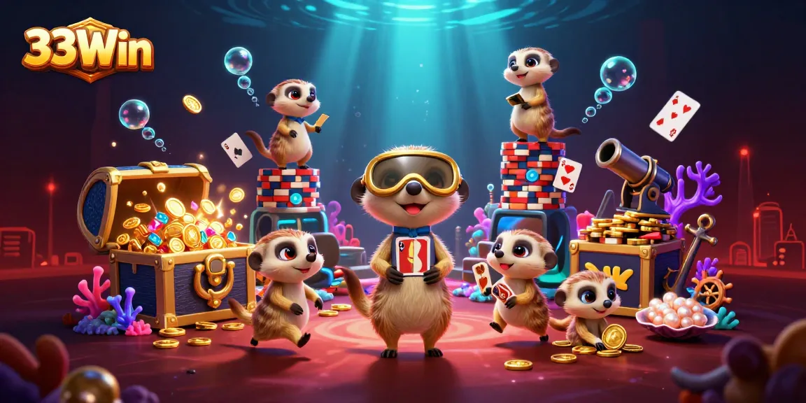 Experience 33Win’s vibrant casino world with meerkats, chips, and underwater treasures.