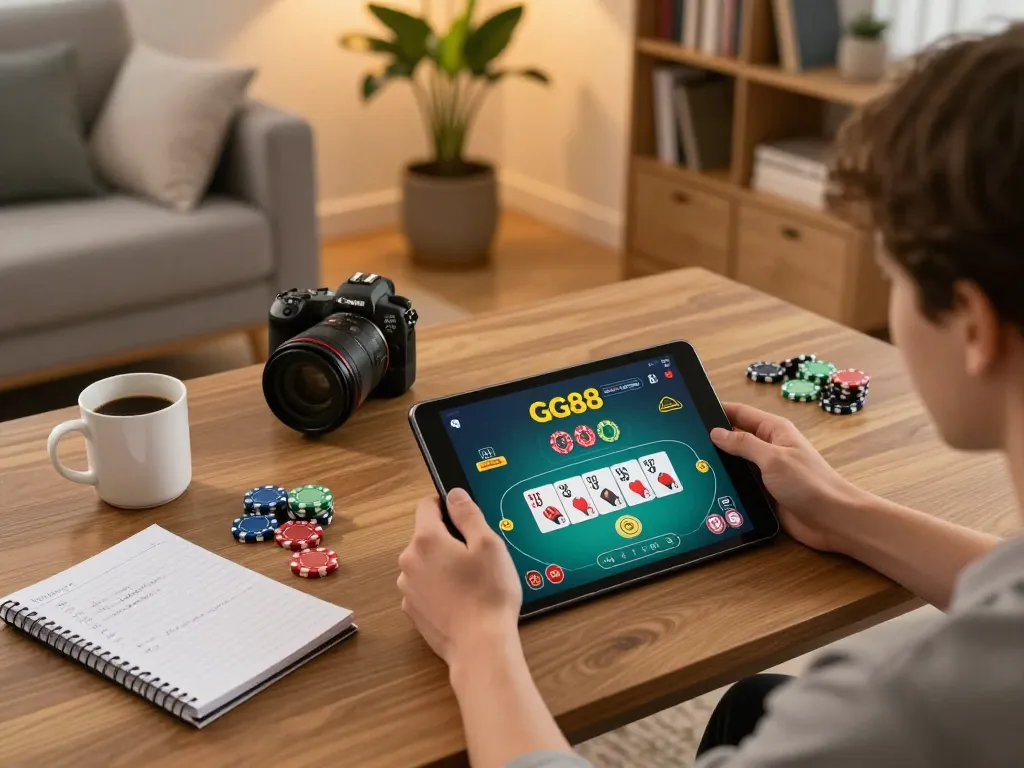Engaging scene of online gambling on GG88, showcasing poker gameplay on tablet in cozy home setting.
