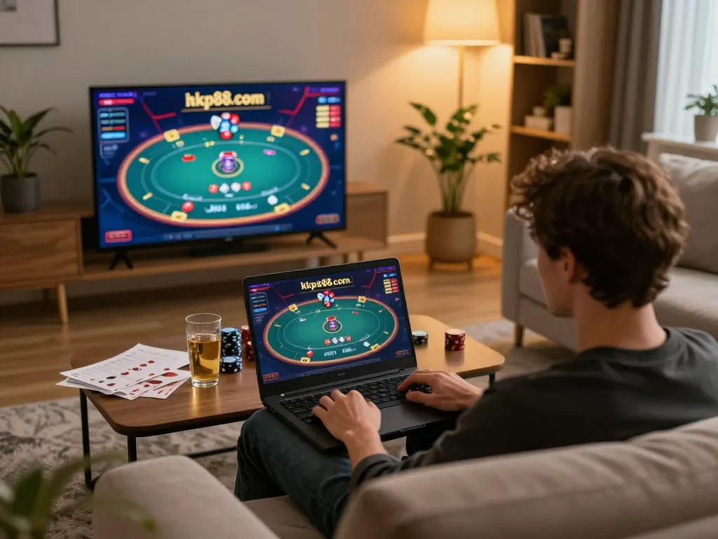 Gambling action on https://xkp88.com/ as a player engages in an online poker game from home, showcasing a cozy atmosphere.