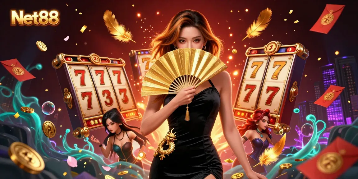 Experience the excitement of Net88 with a captivating Asian woman surrounded by dynamic casino elements and a rich atmosphere.
